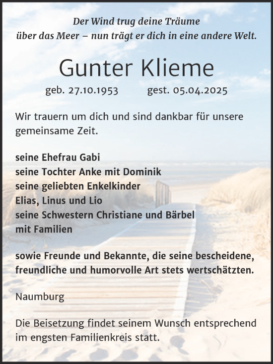 Traueranzeige von Gunter Klieme von Naumburger Tageblatt
