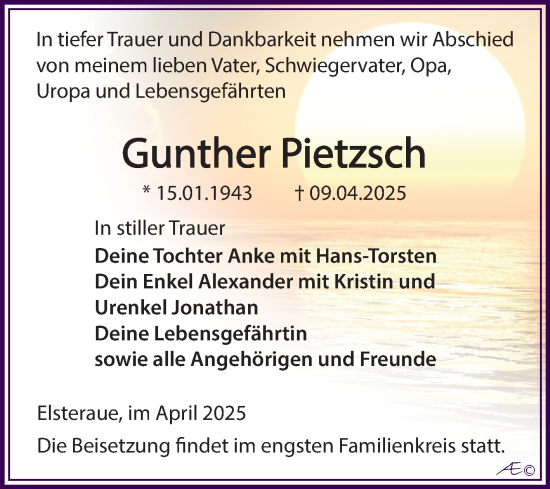 Traueranzeige von Gunther Pietzsch von Trauerkombi Zeitz