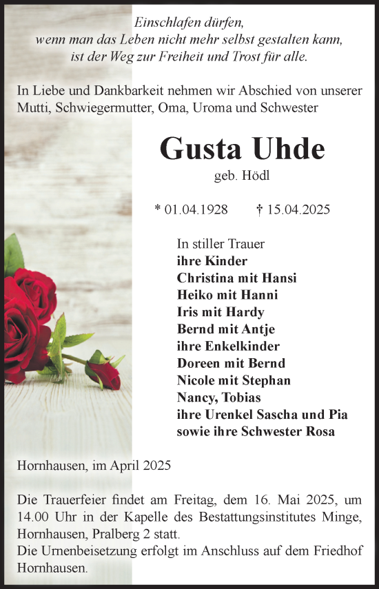 Traueranzeige von Gusta Uhde von Volksstimme Oschersleben/Wanzleben