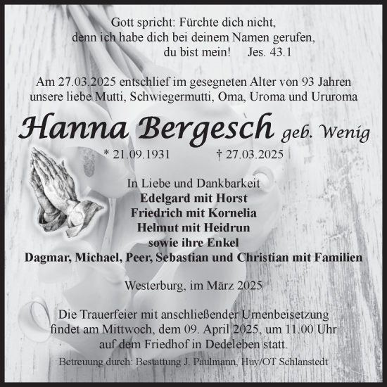 Traueranzeige von Hanna Bergesch von Volksstimme Halberstadt