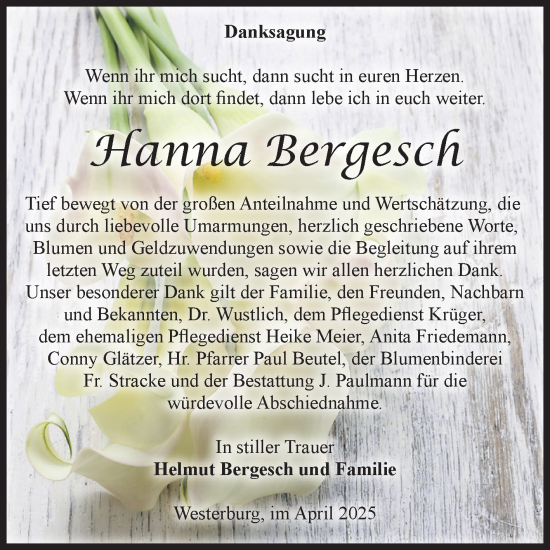 Traueranzeige von Hanna Bergesch von Volksstimme Halberstadt
