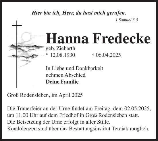 Traueranzeige von Hanna Fredecke von Volksstimme Oschersleben/Wanzleben