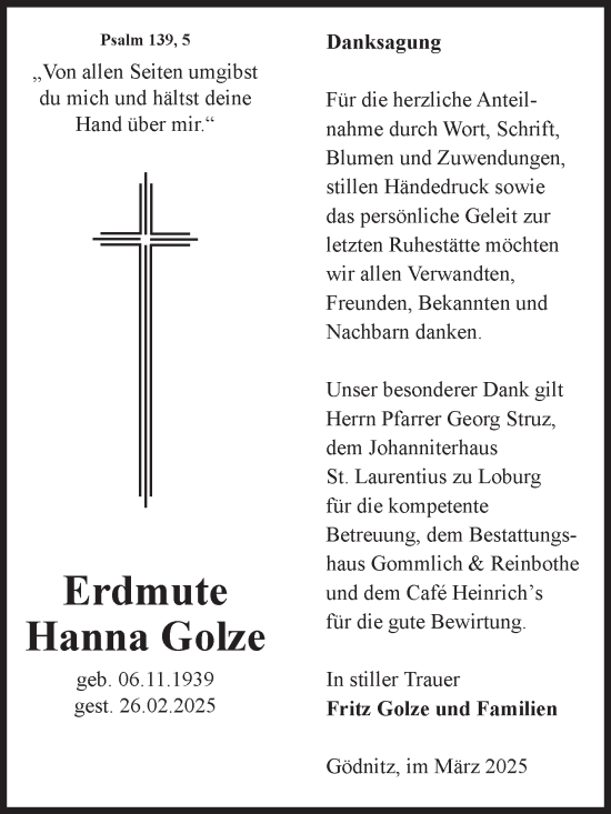 Traueranzeige von Hanna Golze von Volksstimme Zerbst