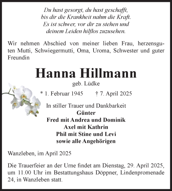 Traueranzeige von Hanna Hillmann von Volksstimme Oschersleben/Wanzleben