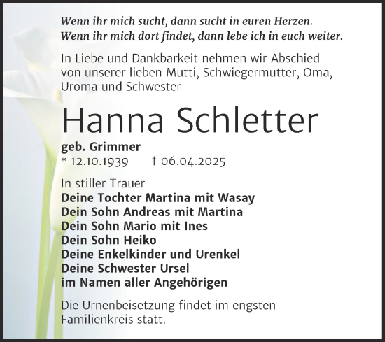 Traueranzeige von Hanna Schletter von Trauerkombi Bitterfeld