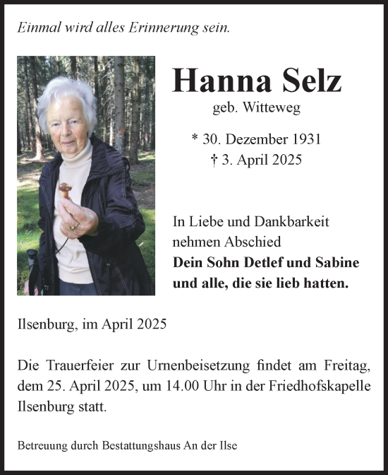 Traueranzeige von Hanna Selz von Volksstimme Wernigerode