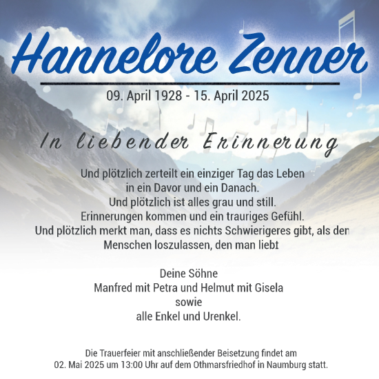 Traueranzeige von Hannele Zenner von Naumburger Tageblatt