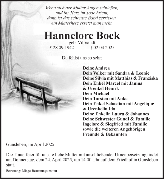Traueranzeige von Hannelore Bock von Volksstimme Oschersleben/Wanzleben