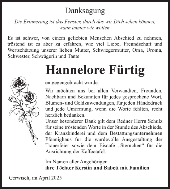 Traueranzeige von Hannelore Fürtig von Volksstimme Burg/Genthin