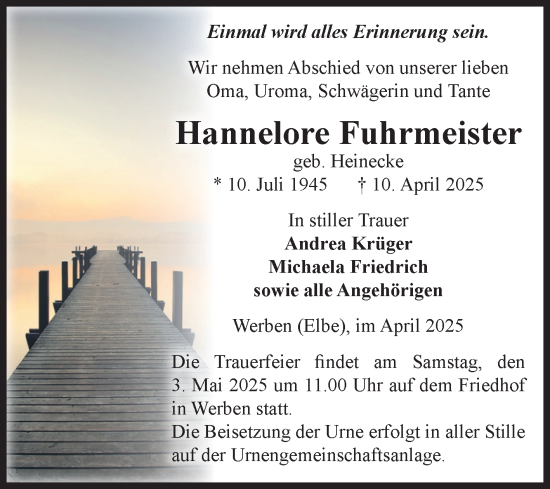 Traueranzeige von Hannelore Fuhrmeister von Volksstimme Altmark Ost