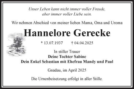 Traueranzeige von Hannelore Gerecke von Volksstimme Schönebeck