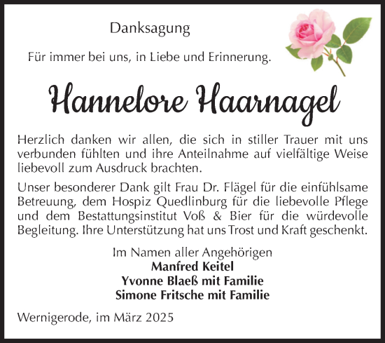 Traueranzeige von Hannelore Haarnagel von Volksstimme Wernigerode