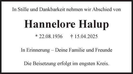 Traueranzeige von Hannelore Halup von Volksstimme Burg/Genthin