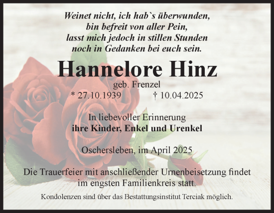Traueranzeige von Hannelore Hinz von Volksstimme Oschersleben/Wanzleben
