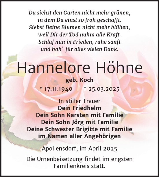 Traueranzeige von Hannelore Höhne von Trauerkombi Wittenberg