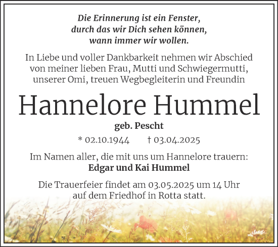 Traueranzeige von Hannelore Hummel von Trauerkombi Wittenberg