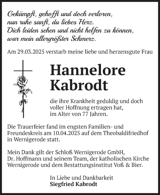 Traueranzeige von Hannelore Kabrodt von Volksstimme Wernigerode