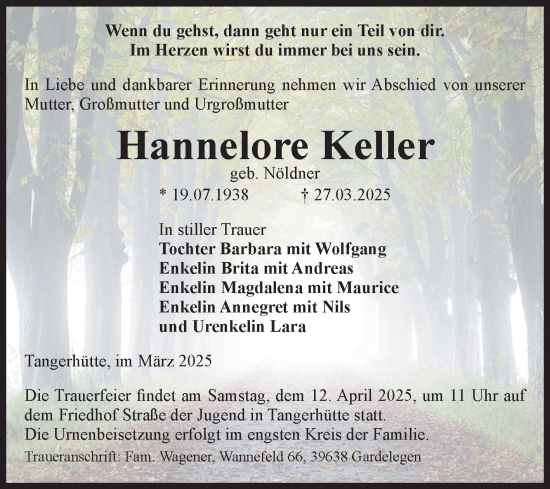 Traueranzeige von Hannelore Keller von Volksstimme Altmark Ost