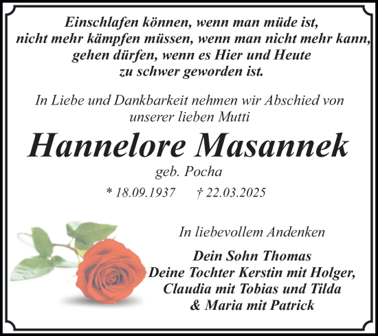 Traueranzeige von Hannelore Masannek von Super Sonntag Dessau-Roßlau