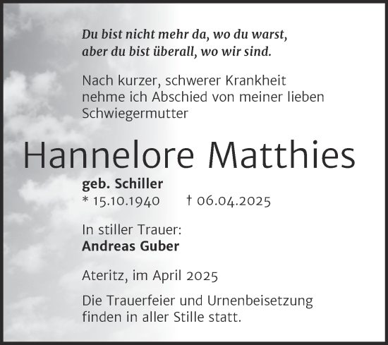 Traueranzeige von Hannelore Matthies von Trauerkombi Wittenberg