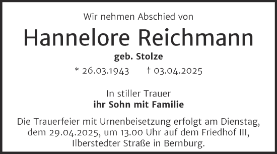 Traueranzeige von Hannelore Reichmann von Trauerkombi Bernburg