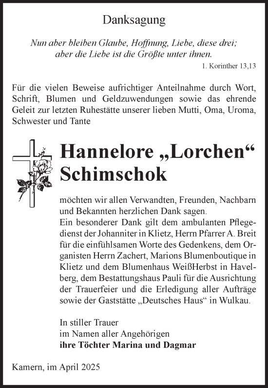 Traueranzeige von Hannelore Schimschok von Volksstimme Altmark Ost