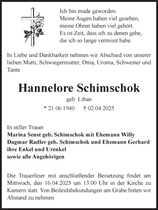 Traueranzeige von Hannelore Schimschok von Volksstimme Altmark Ost