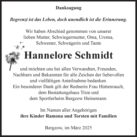 Traueranzeige von Hannelore Schmidt von Volksstimme Burg/Genthin