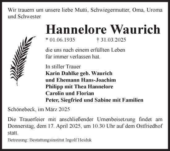 Traueranzeige von Hannelore Waurich von Volksstimme Schönebeck