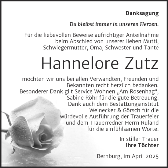 Traueranzeige von Hannelore Zutz von Trauerkombi Bernburg