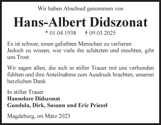 Traueranzeige von Hans-Albert Didszonat von Volksstimme Magdeburg