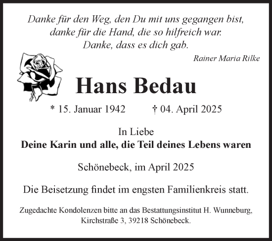 Traueranzeige von Hans Bedau von Volksstimme Schönebeck