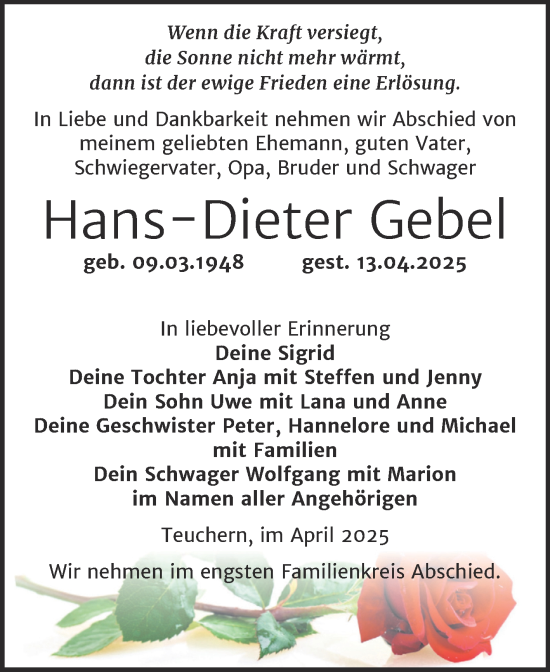 Traueranzeige von Hans-Dieter Gebel von Trauerkombi Weißenfels