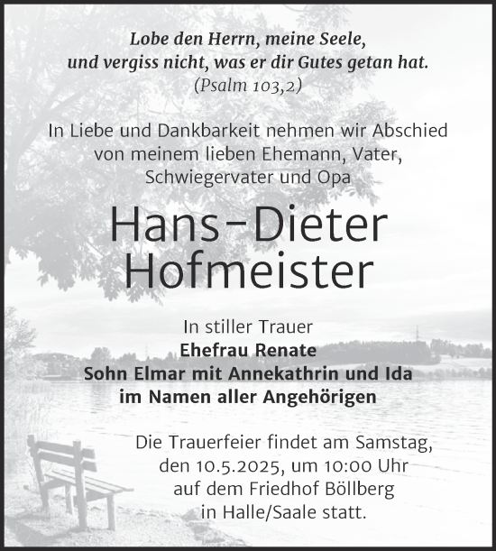 Traueranzeige von Hans-Dieter Hofmeister von Mitteldeutsche Zeitung Halle/Saalkreis