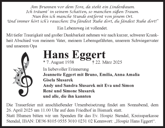 Traueranzeige von Hans Eggert von Volksstimme Altmark Ost