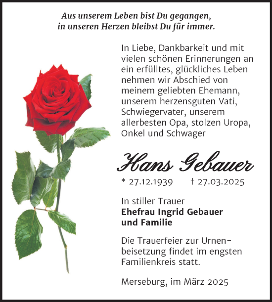 Traueranzeige von Hans Gebauer von Trauerkombi Merseburg