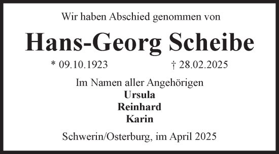 Traueranzeige von Hans-Georg Scheibe von Volksstimme Altmark Ost