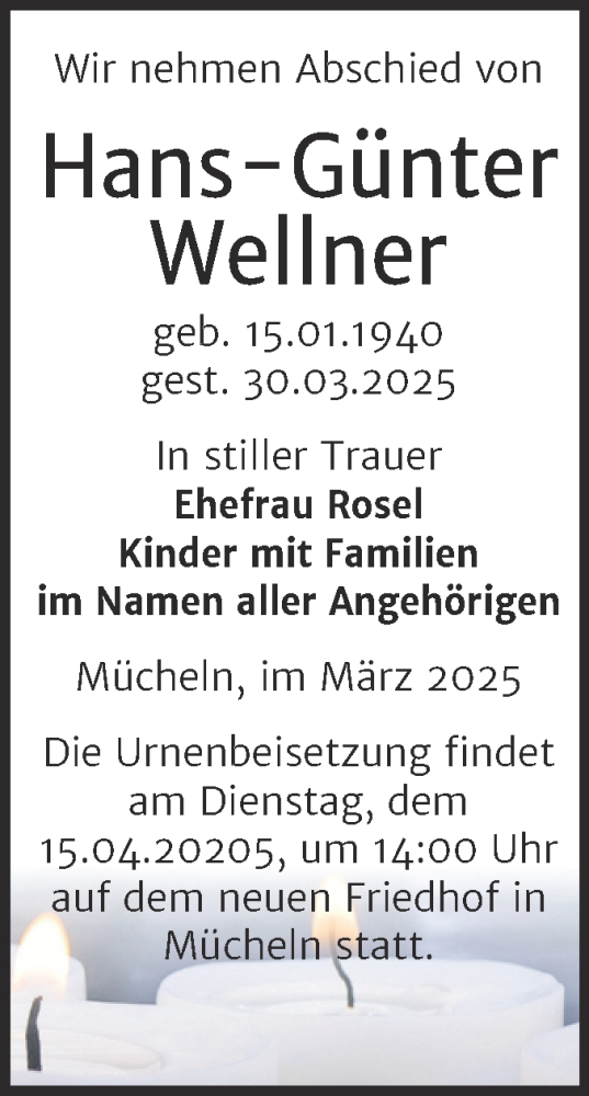 Traueranzeige von Hans-Günter Wellner von Trauerkombi Merseburg
