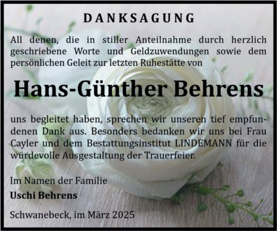 Traueranzeige von Hans-Günther Behrens von Volksstimme Halberstadt