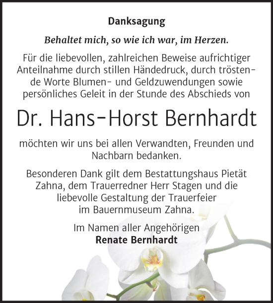 Traueranzeige von Hans-Horst Bernhardt von Trauerkombi Wittenberg