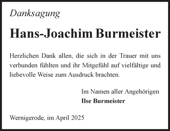 Traueranzeige von Hans-Joachim Burmeister von Volksstimme Wernigerode
