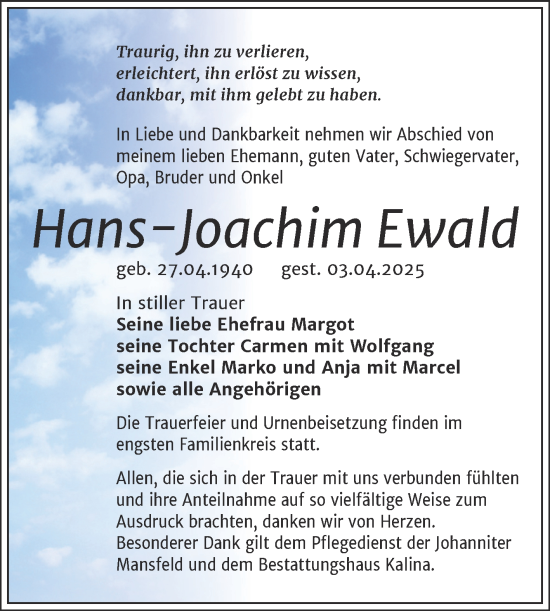 Traueranzeige von Hans-Joachim Ewald von Trauerkombi Mansfelder Land