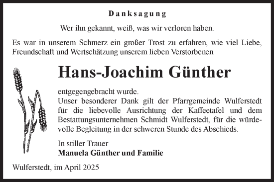 Traueranzeige von Hans-Joachim Günther von Volksstimme Oschersleben/Wanzleben