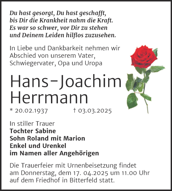 Traueranzeige von Hans-Joachim Herrmann von Trauerkombi Bitterfeld
