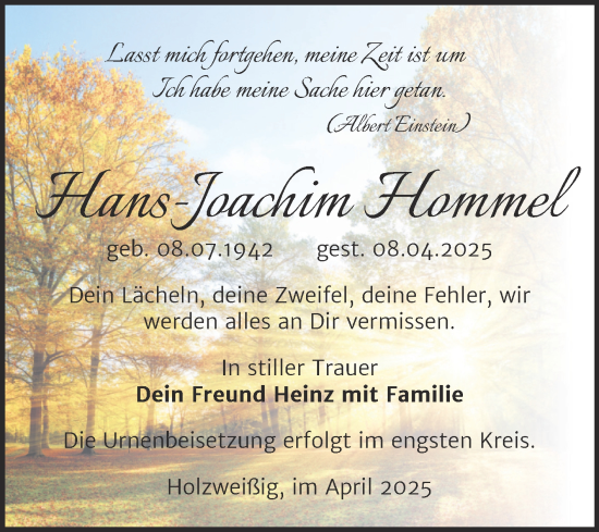 Traueranzeige von Hans-Joachim Hommel von Trauerkombi Bitterfeld