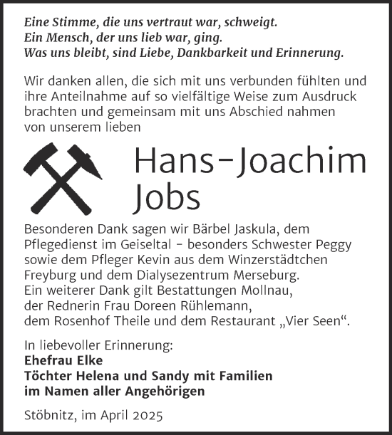 Traueranzeige von Hans-Joachim Jobs von Trauerkombi Merseburg