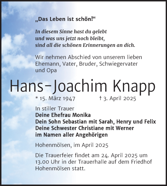 Traueranzeige von Hans-Joachim Knapp von Trauerkombi Weißenfels