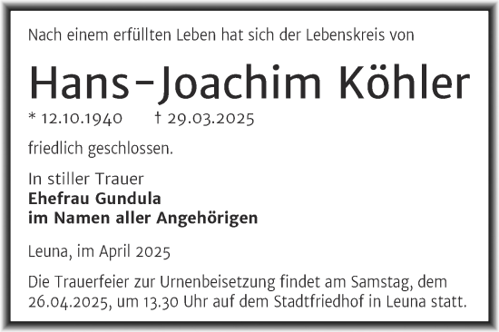 Traueranzeige von Hans-Joachim Köhler von Trauerkombi Merseburg