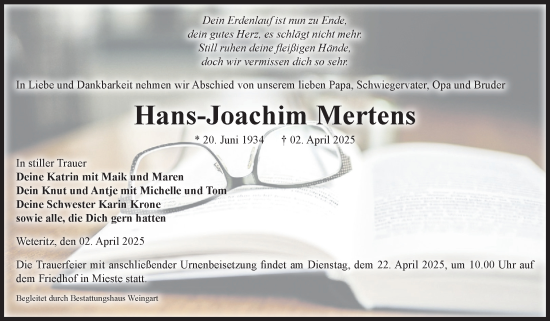 Traueranzeige von Hans-Joachim Mertens von Volksstimme Altmark West