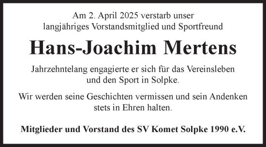 Traueranzeige von Hans-Joachim Mertens von Volksstimme Altmark West